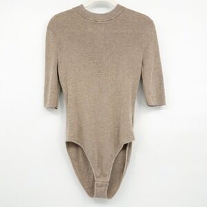 ADAY Womens Merino Wool Blend Like A Glove Mock Neck Knit Bodysuit Size L Taupe